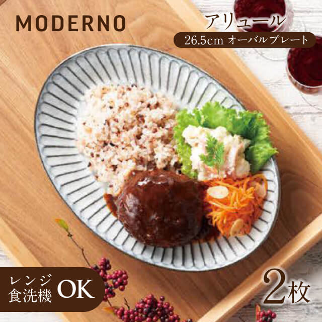 アリュール 26.5cmオーバルプレート 2個 モデルノ（935-0104）グレーの色合いがおしゃれなお皿 そぎ柄