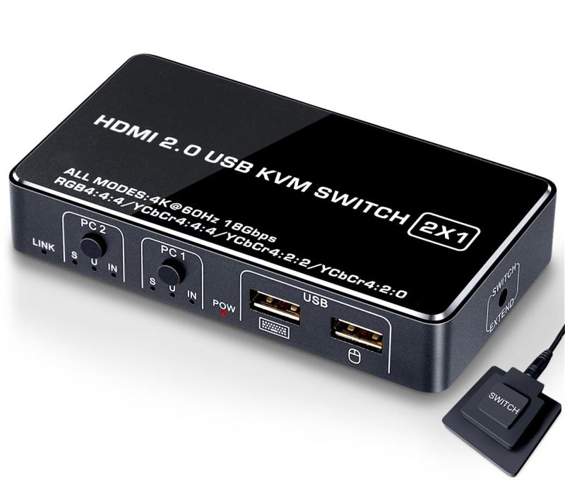 KVMスイッチ パソコン切替器 (PC2台用) 4K(60Hz) HDMI2.0 HDCP2.2対応｜モニター/キーボード/マウス(ワイヤレス可)を共有できる 2ポート 安定性改良 バスパワー式 電源不要 USBケーブル付き 【EHD-601N】【HDMI1.4→HDMI2.0にアップグレード】ホットキー機能による相性問題が相次ぎ報告され、シンプルに安定性を重視するため、ホットキー機能を廃止し、リモコンスイッチ（手元切替ボタン）を追加しましたそして、ワイヤレスマウス・キーボードにもほとんど使えるようになりました。2台のパソコンを、1組のコンソール（モニター・キーボード・マウス）から操作できるPC切替器（CPU切替器）です。デスク周りの省スペース化を実現します。ボタン1つで素早く切り替えできます 快適で効率よく仕事もはかどります。(・∀・)bUltra HD 4K（3840*2160@60Hz RGB4:4:4 8bitまで）フルHD（1920*1080@60Hz）などの解像度に対応しています、デスクトップPCでもノートPCでも Windows OS、Linux OS、Mac OSが混在した環境でも使用可能です。リモート切替スイッチは、本体を隠し、配線や設置にさらに自由になります。パソコンのUSB・HDMIからの電力供給（バスパワー）で動作するので外部電源は不要です。（電力不足の場合は、付属のUSB電源ケーブルで給電可能。）【洗練されたデザイン】高級感漂うデザインと少し重みのある金属筐体を採用し、デスクの上に置いても失礼な気がしません。すべてのポートにはメッキ処理を施しており、サビに強く接続不良を防ぎます。「購入日から12ヶ月のメーカー、安心の日本語テクニカルサポートをご提供いたします。」