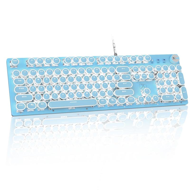 楽天パピヨンZIYOU LANG 有線パンクキーボード メカニカルキーボードノブ付き レトロなラウンドキーキャップ タイプライター 青軸 104キー フルキーアンチゴースト 白色LED 25種類のバックライトモード USB