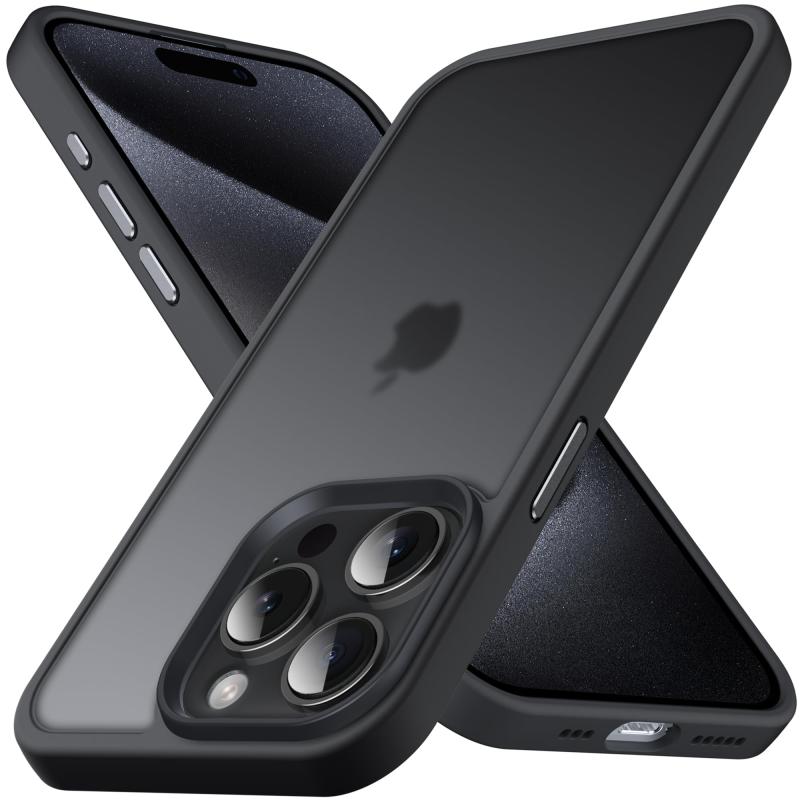 Anqrp iPhone 15 Pro 用 ケース 半透明 耐衝撃 滑り止め 米軍MIL規格 指紋防止 マットケース ストラップホール付き ワイヤレス充電対応 スマホケース アイフォン 15 プロ カバー 6.1インチ ブラック