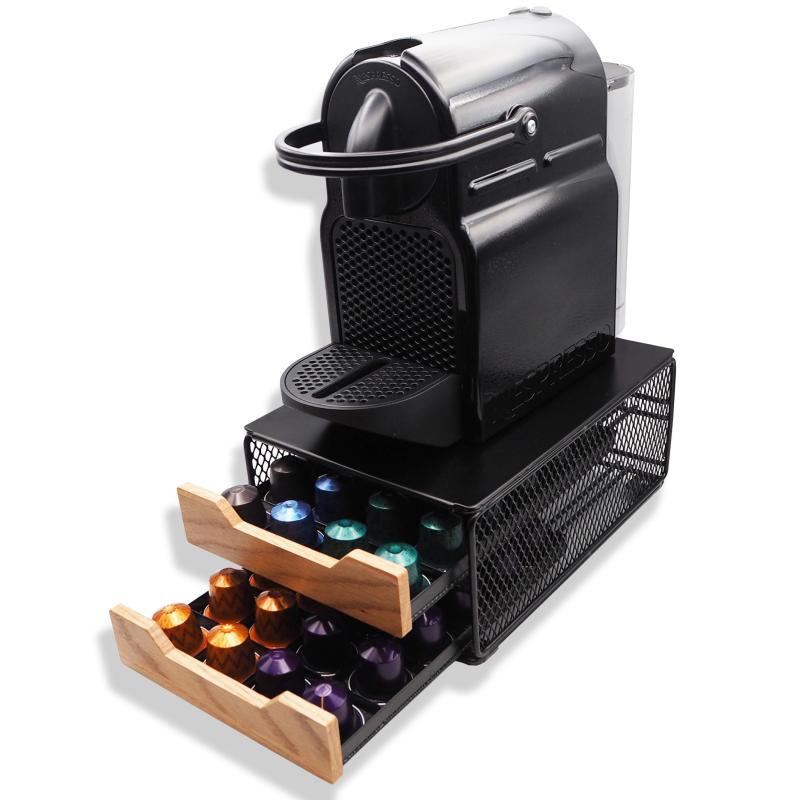 【 forume 】ネスプレッソ Nespresso 専用 カプセルホルダー 奥行き25cm コンパクト収納 オークウッド 引き出し式 ラック (ブラック, 2段48カプセル用)