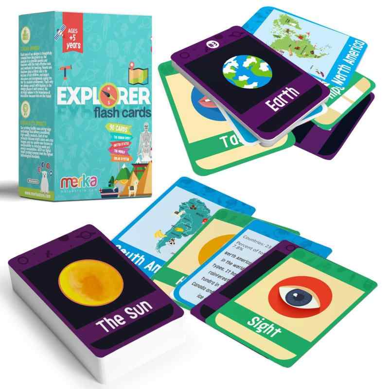 merka Kids Flash Cards - Explorer Set - 90 cards to learn about the USA, Human Body, World and Solar System