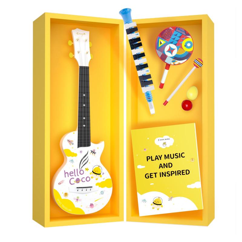 Enya Mini Coco 子供用おもちゃセット ソプラノカーボンファイバーウクレレ、13 キー メロディカ、エッグ シェイカー セット、ロリポップハンドドラム（スティック付き）楽器玩具- 対象年齢3