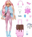 Travel Barbie Doll with Wintery Snow Fashion, Barbie Extra Fly, Sparkly Pink Jumpsuit and Faux-Fur Coat