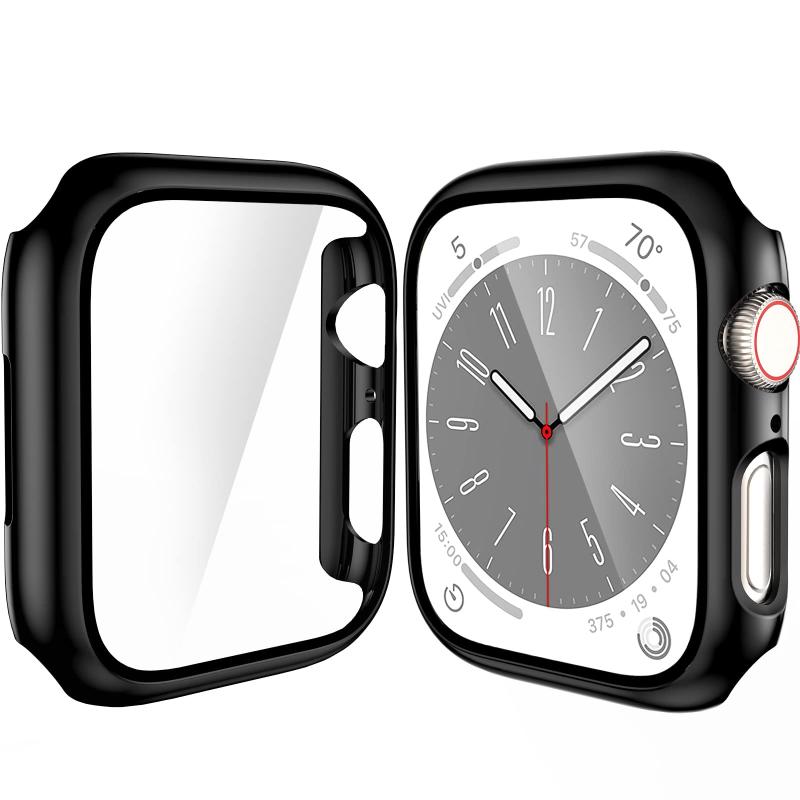 YMHML ケース Apple Watch Series 7 41mm スクリーンプロテクター付き ハードPCフルカバー 強化ガラスプロテクター Apple Watch Series 7アクセサリー用 ブラック 2個パック