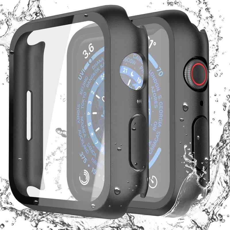 Misxi [2パック] 防水ブラックハードケース 強化ガラス付き Apple Watch Series 9 (2023) Series 8 Series 7 45mm対応 超薄型タフ保護カバー iWatchスクリーンプロテクター用