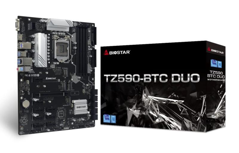 BIOSTAR Z590チップセット採用 PCIe 9スロット搭載 マイニング向けマザーボード [ TZ590-BTC DUO ]正規：1年8つ以上のVGAを接続し使用する場合は、VGAドライバーやマイニングソフトが対応している必要があります。Intel Z590 LGA1200 (HDMI x1 VGAx1)・対応メモリ：DDR4 3600(OC)/ 3200/ 2933/ 2800/ 2666/ 2400/ 2133 ×4 (最大128GBまで対応)8x PCIe 3.0 x1スロット/ 1x PCI-E 4.0 x16スロット(x8動作)/ SATA III (6Gb/s) ×10/ M.2（M Key）ソケット×4