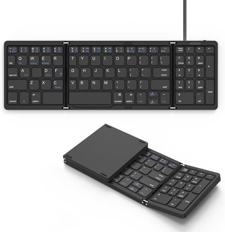 Omikamoキーボード ワイヤレス 折り畳み式 ipad/iphone キーボード 有線 テンキー付き bluetooth キーボード 英語配列 3台デバイス使用 Windows/Mac/iOS/Android対応 静音 ミニ 小型 薄型 コンパクト