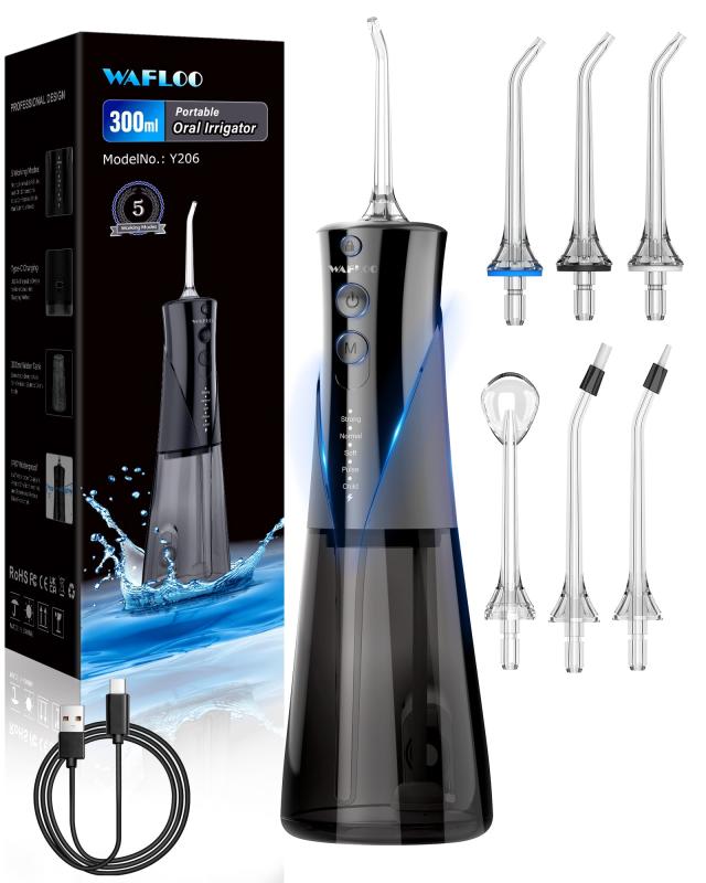 歯用ウォーターフロッサー – 5つのモード・6本のノズル付き・充電式コードレス・大容量300MLタンク搭載..