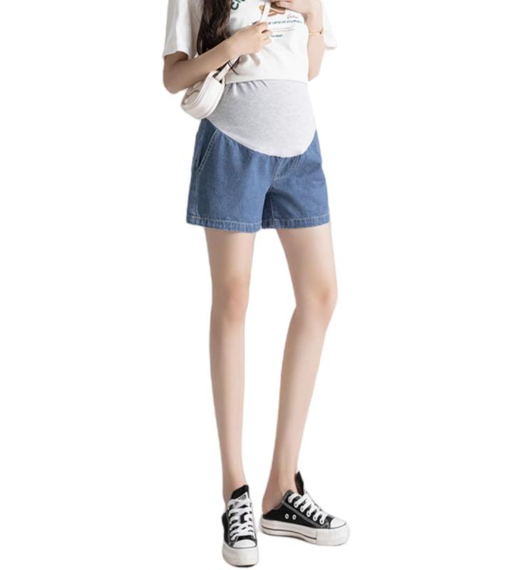 [Kasiciki] マタニティショートパンツ 薄手デニム ジーンズ 短パン 妊娠服 夏用 妊婦用カジュアル三分丈パンツ ポケット付き 動きやすい ゆったり 外出 ボトムス (JP, アルファベット, M, ブルー
