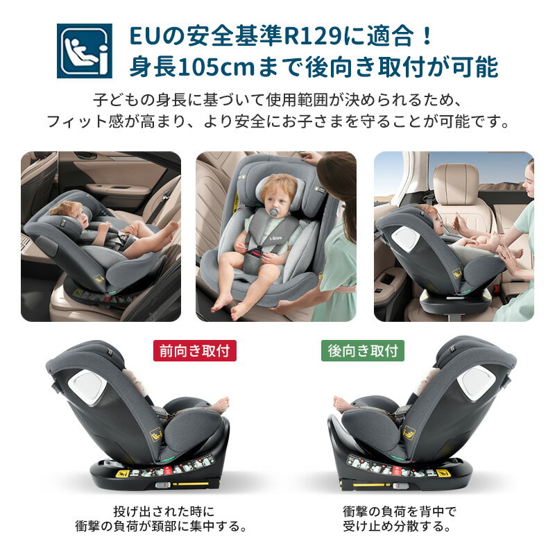 チャイルドシート R129適合 安全基準 長く使える ISOFIX回転式 洗える ジュニアシート 2歳 3歳 360度回転 取り付け簡単 i-Size ベビーシート 赤ちゃん 子供 リクライニング 保護マット 防水シート 出産祝い 【二年保証】 3