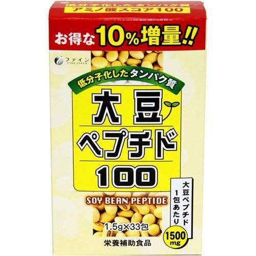 商品特徴 ■大豆は古来より日本人の主食として食されており、その優れた栄養価の高さは広く知られています。大豆ペプチドは、良質な大豆たんぱく質を小さく分解したものです。 ■本品は大豆ペプチドを100％使用した商品です。 ■『大豆ペプチド100』はアミノ酸のバランスが優れている「アミノ酸スコア100」の商品です。 ※商品リニューアル等によりパッケージ及び容量等は変更となる場合があります。ご了承ください。 お召し上がり方 ・1日に1〜2包を目安に、水または牛乳、ヨーグルトなどと一緒にお召し上がりください。その他、さまざまな料理に加えてお召し上がりいただけます。 原材料名 大豆ペプチド(遺伝子組換えではありません) 栄養成分表示 【1包(1.5g)あたり】 エネルギー：5.3kcaL たんぱく質：1.2g 脂質：0.03g 炭水化物：0.05g 食塩相当量：0.037g 大豆ペプチド：1500mg リジン：78mg ヒスチジン：34mg フェニルアラニン：67mg アラニン：53mg グリシン：53mg プロリン：69mg チロシン：49mg ロイシン：100mg イソロイシン：57mg グルタミン酸：245mg セリン：67mg スレオニン：49mg メチオニン：16mg バリン：59mg アスパラギン酸：148mg シスチン：16mg トリプトファン：17mg アルギニン：96mg ご注意 ・本品の製造工場では、乳。卵、小麦を含む製品を生産しています。 ・食生活は、主食、主菜、副菜を基本に、食事のバランスを。 【保存方法】 ・高温多湿や直射日光を避け、涼しいところに保存してください。 内容量 1.5g×33包 広告文責 株式会社　マッシュ　06-6971-0190 メーカー 株式会社ファイン 区分 日本製・健康食品