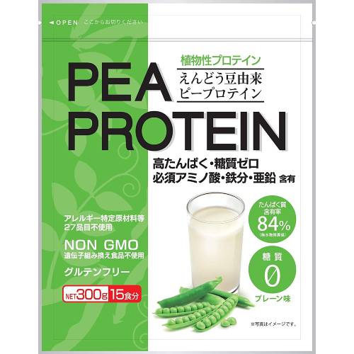 商品特徴 ■高たんぱく・糖質ゼロの食物性プロテインです。 ■アレルギー特定原材料等27品目不使用 ■必須アミノ酸・豊富な鉄分・亜鉛を含みます 遺伝子組み換え原料不使用・添加物不使用 グルテンフリー・トランス脂肪酸フリー 理想的なカラダ作りを目指す方に!毎日アクティブに活動したい方に! えんどう豆由来の良質なたんぱく質を豊富に含んだ、糖類ゼロの植物性プロテインです。 独自の抽出製法でえんどう豆本来の栄養素はそのままに、たんぱく質含有率を高めています。 必須アミノ酸をはじめとした理想的なカラダづくりをサポートする栄養素がバランス良く含まれています。 ※商品リニューアル等によりパッケージ及び容量等は変更となる場合があります。ご了承ください。 お召し上がり方 1日1食を目安に、本品約20g（大さじ大盛り2杯）に180mL程度の水を加え、お手持ちのスプーンなどでよくかき混ぜてください。 原材料 えんどう豆たんぱく 栄養成分表示 1食分（20g）当たり エネルギー・・・80kcal たんぱく質・・・15.8g 脂質・・・1.8g −飽和脂肪酸・・・0.22g −トランス脂肪酸・・・0g コレステロール・・・0mg 炭水化物・・・0.6g −糖質・・・0g −食物繊維・・・0.6g ナトリウム・・・172mg 食塩相当量・・・0.4g カルシウム・・・12mg マグネシウム・・・15mg 鉄・・・3.6mg 亜鉛・・・1.4mg たんぱく質含有率・・・84％（無水物換算値） ＜その他の成分＞ 1食分（20g）当たり バリン・・・740mg ロイシン・・・1300mg イソロイシン・・・680mg リジン・・・1160mg フェニルアラニン・・・860mg スレオニン・・・620mg メチオニン・・・114mg ヒスチジン・・・360mg トリプトファン・・・400mg ○非必須アミノ酸 アルギニン・・・1340mg グリシン・・・620mg アスパラギン酸・・・1820mg グルタミン酸・・・2800mg アラニン・・・660mg セリン・・・840mg チロシン・・・580mg プロリン・・・720mg シスチン・・・116mg ご注意 ・開封後はお早めにお召し上がりください。 ・体質に合わないと思われる時は、摂取を中止してください。 ・天然由来の原料を使用しておりますので色調にばらつきがある場合がありますが、品質上の問題はございません。 内容量 100g 広告文責 株式会社　マッシュ　06-6971-0190 メーカー うすき製薬株式会社 区分 健康食品