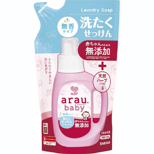 商品特徴 ■高い洗浄力・うるおい天然ハーブエキス配合で手洗いにもおすすめ ■赤ちゃんのための無添加 ※合成界面活性剤・蛍光剤・抗菌剤・漂白剤・防腐剤・保存料・合成香料・着色料・シリコン 無添加 ■天然ハーブの力でアラウ. アロエ：うるおい天然ハーブエキス ■皮ふ刺激テスト済み(すべての方に肌皮ふ刺激がおきないというわけではありません) ※商品リニューアル等によりパッケージ及び容量等は変更となる場合があります。ご了承ください。 使用方法 ・全自動水量45Lに対して本剤75ml水量30Lに対して本剤50ml ・ドラム式水量6kg(洗たく物量)に対して本剤50ml、水量3kg(洗たく物量)に対して本剤40ml ・つけおき洗い1Lに対して50ml(本剤に対して20倍の水量) ※水量や汚れの程度に合わせて加減してください。 ※機種により多少異なります。 成分 純石けん分(30％ 脂肪酸カリウム) 規格概要 ・用途：綿、麻、合成繊維用 ・液性：弱アルカリ性 ご注意 ・つめかえた後は、ボトルの表示をよく読んでお使いください。■使用上の注意 ・用途以外に使わない。 ・家庭での洗たく禁止(絵表示)があるものには使用しない。 ・2回以上すすぐ。 ・色落ちが心配な場合、目立たないところに原液をつけ、5分後に白い布に色移りしないか確認する。 ・荒れ性の方や原液で使う時は、炊事用手袋を使用する。 ・使用後は手を水でよく洗う。 ・洗たく機のフタなどに原液がついた場合は十分にふき取る。 ・せっけんカスが黒い浮遊物(カビ)の原因となるため、洗たく槽洗浄剤などで定期的に手入れし、通気良くする。 ・洗たく機の液体洗剤投入口を使う場合は、本品を約2倍に薄めて投入するか、ぬるま湯を流すなど定期的に手入れする。 ・天然成分を使用しているため、経時的に色や香りが変化することがある。 ■応急処置 ・目に入った場合(コンタクトレンズは外し)、直ちに流水で15分以上洗い流す。 ・飲み込んだ場合、吐かずに口をすすぎ、多量の水を飲むなどの処置をする。 ・液が皮ふについた場合、直ちに水で十分に洗い流す。 ・いずれも異常が残る場合は、本品を持参のうえ、専門医に相談する。 ■保管上の注意 ・乳幼児や小児、認知症の方などの誤飲を防ぐため、置き場所に注意する。 ・極端に高温または低温の場所、直射日光の当たる場所には保管しない。 内容量 720ml 広告文責 株式会社　マッシュ　06-6971-0190 メーカー サラヤ株式会社 お問合せ：0120-40-3636受付時間：平日9:00〜18:00（土・日・祝日を除く） 区分 日本製・日用品　