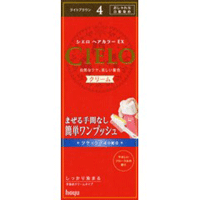 商品特徴 ■小分けできるタイプ、生え際もしっかり塗れる！おしゃれな白髪染め。 ■しっかり染まって、自然にツヤめくなめらかな髪に ■5つのツヤ＆ケア成分が、髪の状態を整えながら染めるから、ツヤやかでなめらかな染め上がり。 ■天然ツヤ成分が表面をコート(毛髪保護成分) グレープシードオイル、ユーカリオイル、月見草オイル ■ケア成分が浸透(うるおい成分、毛髪保護成分) 海洋性コラーゲン、機能性アミノ酸 ■白髪までムラなくきれいに染め上がり、色が長持ち。 ■まぜる手間なし、簡単ワンプッシュクリームなのにまぜる手間がいらない！ ワンプッシュするだけで、1剤と2剤のクリームが同時に出ます。 ■髪全体にも、気になる生え際や根元にもぬりやすい専用コームブラシ。 ■やさしい香り 気になるニオイをしっかり抑えました。やさしいフローラルの香り。 ■ライトブラウン ご使用方法 ■使用量の目安 1箱全量でショートヘア(髪全体)約1回分です。毛量の多い方は2箱ご用意ください。 (1)プッシュレバーをしっかり押し、ブラシ側にクリームを出します。 (2)乾いた髪全体に、とかしながらムラなくなじませ、コーム側でのばします。ぬり終えたら15分ほど放置します。 (3)よくすすぎ、シャンプーとリンスで仕上げます。 ※混合クリーム、すすぎ湯が目に入らないよう特に注意してください。 ・分割使用できます。ボトルに残った薬剤は次回ご使用になれます。(ノズル部は洗ってください。) 成分 ●シエロヘアカラークリーム(A) 4／1剤(40g) 有効成分・・・5-アミノオクトクレゾール、パラアミノフェノール、パラフェニレンジアミン、メタアミノフェノール、レゾルシン その他の成分・・・HEDTA・3Na2水塩、PEG-8、POEオレイルエーテル、POEステアリルエーテル、アスコルビン酸、アラキルアルコール、エチルヘキサン酸セチル、強アンモニア水、水溶性コラーゲン液-3、ステアリルアルコール、ステアルトリモニウムクロリド、タウリン、チオグリコール酸アンモニウム、月見草油、ブドウ種子油、ポリ塩化ジメチルメチレンピペリジニウム液、マイクロクリスタリンワックス、無水亜硫酸Na、ユーカリ油、黄203、香料 ●シエロヘアカラークリーム／2剤(40g) 有効成分・・・過酸化水素水 その他の成分・・・DPG、POEベヘニルエーテル、イソプロパノール、クエン酸、クエン酸Na、ジメチコン、ステアリン酸ステアリル、セタノール、ヒドロキシエタンジホスホン酸、ヒドロキシエタンジホスホン酸4Na、フェノキシエタノール、ベヘニルアルコール、ベヘントリモニウムクロリド、ミリスチル硫酸Na、ラノリン ご使用上の注意 ●仕上がりの色調は、染める前の髪色、髪質、室温、放置時間などにより異なります。 ●白髪の量が多めの方は、仕上がりイメージより明るめに、少ない方は暗めに仕上がります。 ●白髪をしっかり隠したい方は、暗い色番(5番程度)をおすすめします。 ●ヘアカラーやヘアマニキュアなどで染めた髪を、その色より明るく染め変えることは困難です。 ●ご使用の際は必ず使用説明書をよく読んで正しくお使いください。 ●ヘアカラーはまれに重いアレルギー反応をおこすことがあります。 ●次の方は使用しないでください。 今までに本品に限らずヘアカラーでかぶれたことのある方、今までに染毛中または直後に気分の悪くなったことのある方、頭皮あるいは皮膚が過敏な状態になっている方(病中、病との回復期、生理時、妊娠中等)、頭、顔、首筋にはれもの、傷、皮膚病がある方 ●ご使用の際には使用説明書にしたがい、毎回必ず染毛の48時間前に皮膚アレルギー試験(パッチテスト)をしてください。 ●薬剤や洗髪時の洗い液が目に入らないようにしてください。 ●眉毛、まつ毛には使用しないでください。 ●幼少児の手の届かないところに保管してください。 ●高温や直射日光を避けて保管してください。 ●幼少児には使用しないでください。 高温に注意 ・加圧されている製品のため、下記の注意を守ること。 ・温度が40度以上となるところに置かないこと。 ・火の中に入れないこと。 ・使い切って捨てること。 ・窒素ガス使用 ・ファンヒーターの吹き出し口などに置くと、温度が上がって破裂するおそれがあり危険です。 内容量 1剤・・・40g 2剤・・・40g 付属品・・・手袋、ブラシ 広告文責 株式会社　マッシュ　06-6971-0190 メーカー(製造) ホーユー株式会社 お客様相談室： 052-935-9941 受付時間：平日9:00〜17:00　(土・日・祝日を除く) 区分 日本製・医薬部外品（白髪染め）　