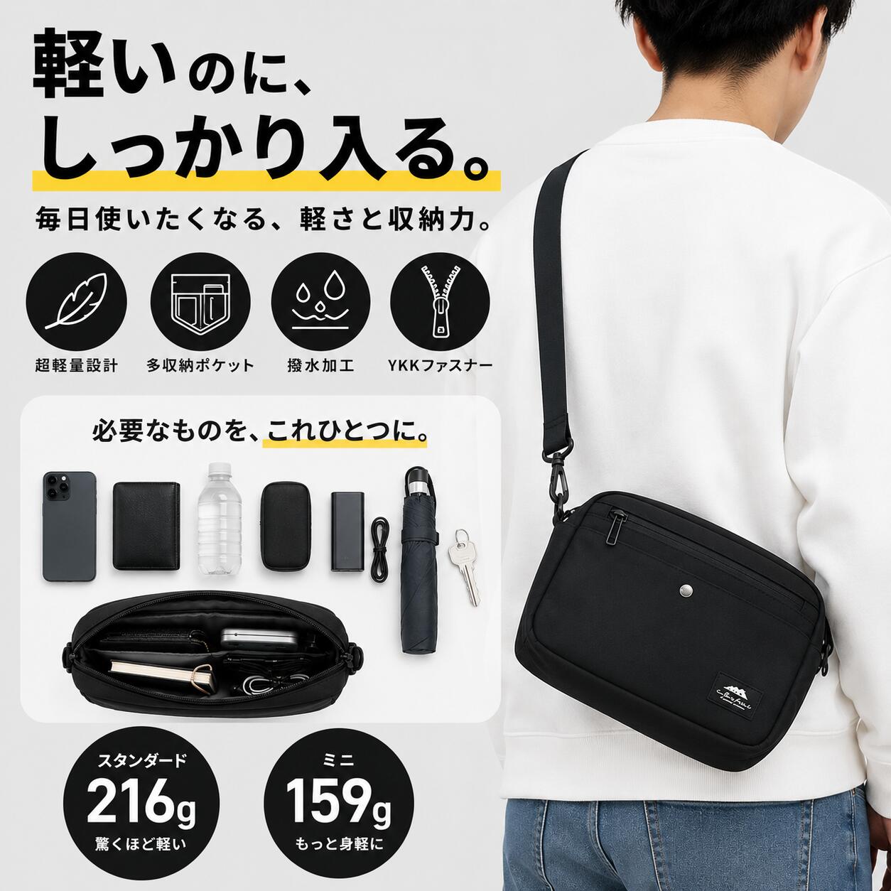 ショルダーバッグ メンズ 小さめ 撥水 ナイロン 斜めがけ 軽量 コンパクト 通勤 通...