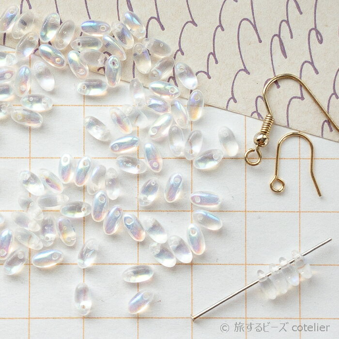 チェコビーズ 【2.5x6mm 6g 約80個】 クリスタルABオーロラ クリア リゾ ライス ガラス ビーズ 輸入ビ..