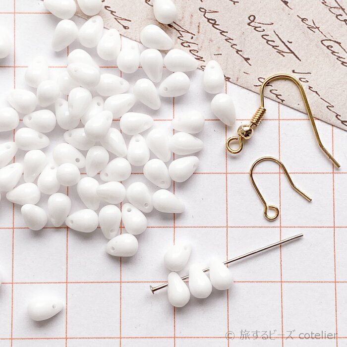 チェコビーズ 【4x6mm 48個】 チョークホワイト ドロップ しずく しずく型ビーズ ガラス ビーズ 専門店..