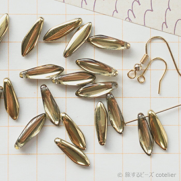 チェコビーズ 【16x5mm 18個】 クリスタルアンバー ゴールド ダガー ガラス ビーズ 手芸 専門店 A197