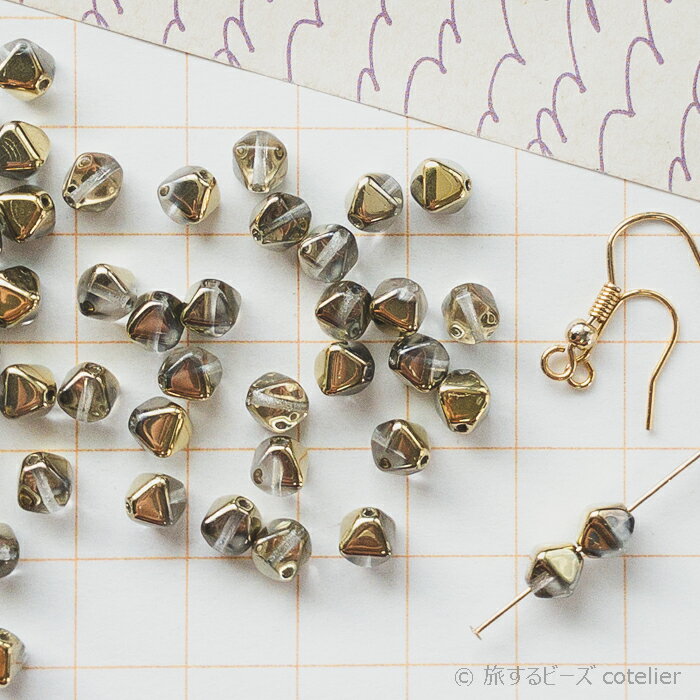 チェコビーズ 【6mm 38個】 クリスタルアンバー ゴールド ピコノ バイコーン ひし形 8面体 ガラス ビー..