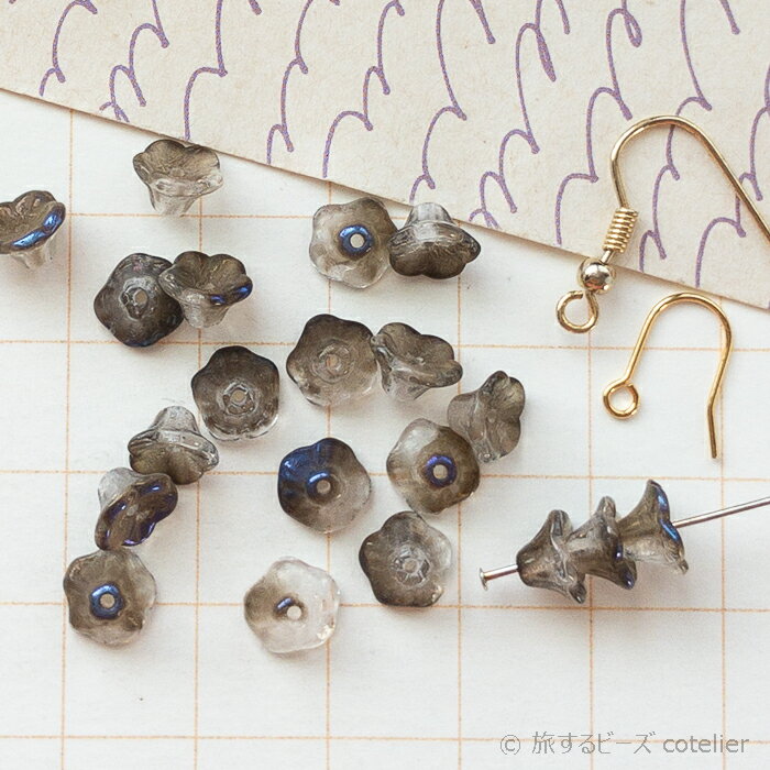 Glass Beads - チェコビーズ 【5x7mm 18個 】 クリスタルアズロ ブラック メタリック ベルフラワー フラワーカップ 5花弁 ガラス ビーズ 手芸 専門店 A242