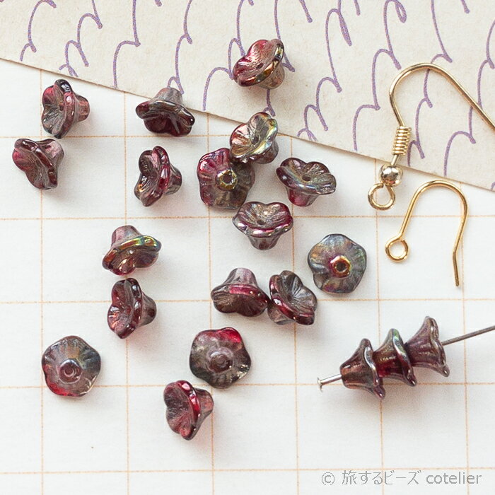 Rakuten - チェコビーズ 【5x7mm 18個 】 マジックワイン レッド ベルフラワー フラワーカップ 5花弁 ガラス ビーズ 手芸 専門店 A246