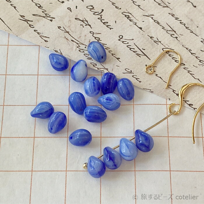 チェコビーズ 【5x7mm 28個】 ブルーホワイト ドロップ しずく ガラスビーズ 輸入ビーズ C066