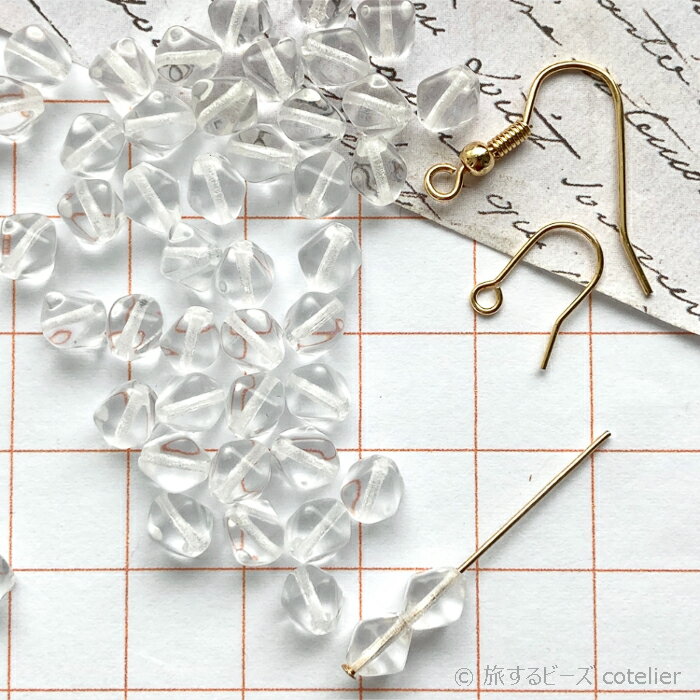 Glass Beads - チェコビーズ 【6mm 38個】 クリア クリスタル ピコノ バイコーン ひし形 8面体 ガラスビーズ 輸入ビーズ C396
