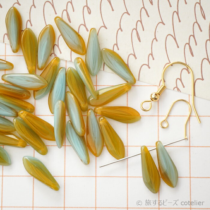 チェコビーズ 【16x5mm 18個】マスタードブルー ダガー ビーズ C817