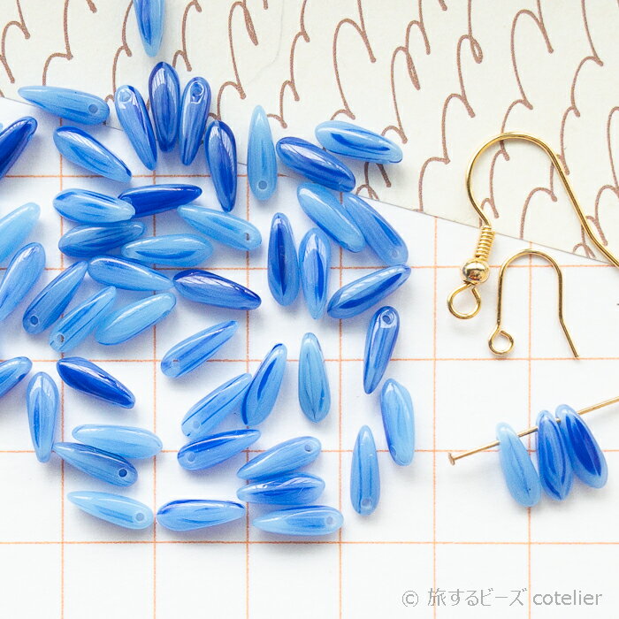 チェコビーズ 【3x11mm 38個】 ブルーストライプ ミニダガー ガラスビーズ 輸入ビーズ C886