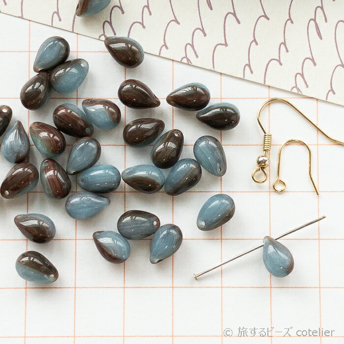 チェコビーズ 【6x9mm 28個】ブルーブラウン ドロップ しずく ビーズ C1089