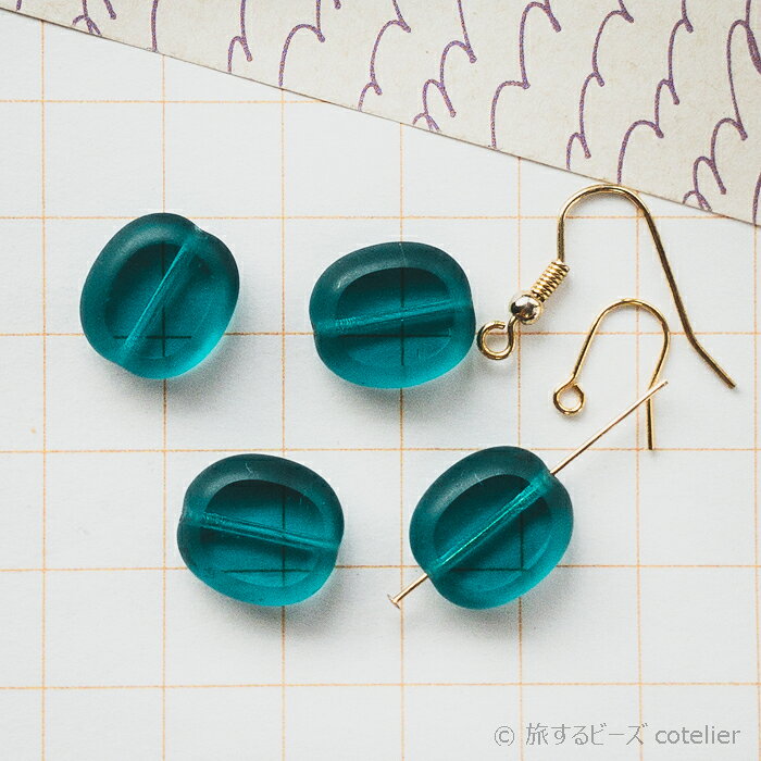 Rakuten - チェコビーズ 【12x14mm 4個】 ティールグリーン オーバル テーブルカット ガラス ビーズ 手芸 専門店 C1233