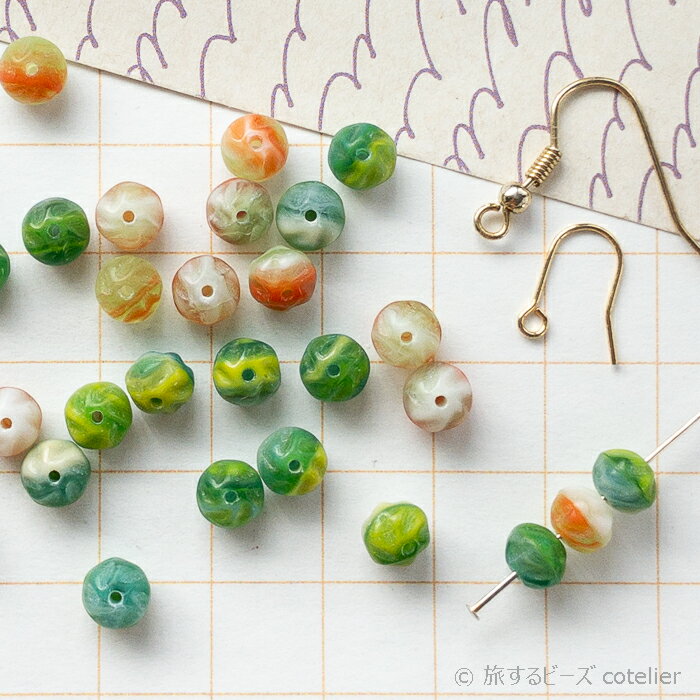 Rakuten - チェコビーズ 【5x6mm 28個】 グリーンマーブル ラウンド ドーナツ スペーサー ガラス ビーズ 専門店 C1264