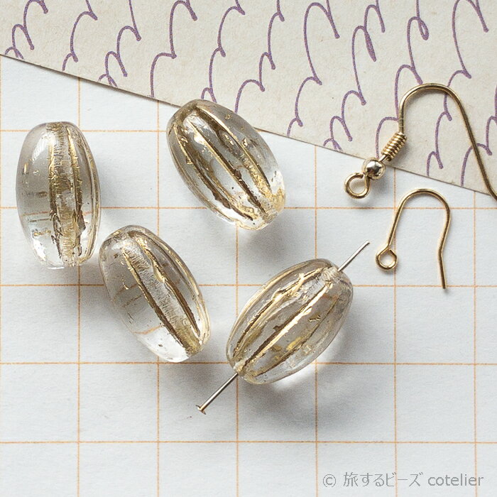 チェコビーズ 【18x11mm 4個】 クリアゴールド ナツメ メロン オーバル ガラス ビーズ 専門店 C1265
