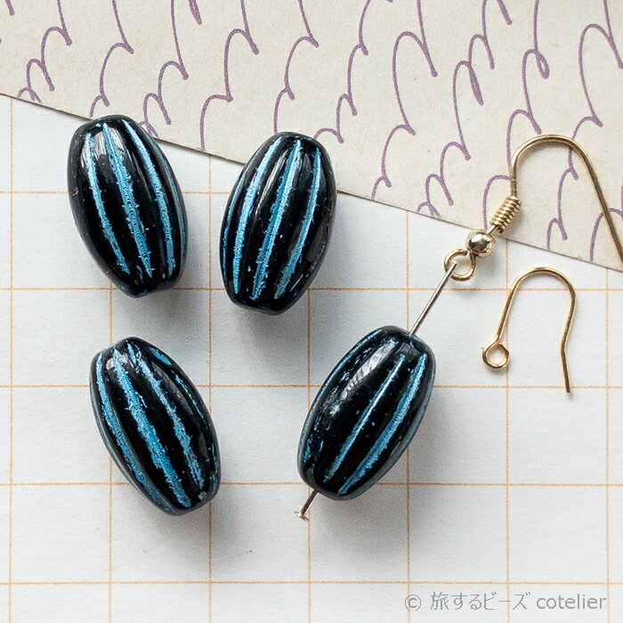 Rakuten - チェコビーズ 【18x11mm 4個】 ブラックブルー ナツメ メロン オーバル ガラス ビーズ 専門店 C1266