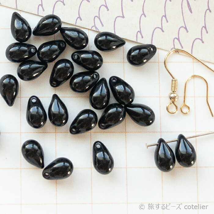 Glass Beads - チェコビーズ 【6x9mm 28個】 ジェットブラック ドロップ しずく型 ガラス ビーズ 専門店 C1388