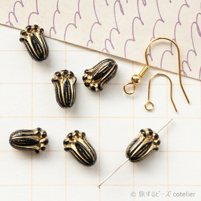 Rakuten - チェコビーズ 【12x8mm 6個】 クリアゴールド ミニチューリップ フラワー 花 植物 ガラス ビーズ 手芸 C1428