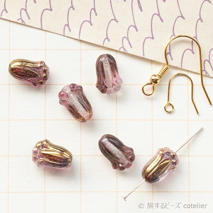 Rakuten - チェコビーズ 【12x8mm 6個】 クリアピンクゴールド ミニチューリップ フラワー 花 植物 ガラス ビーズ 手芸 C1438
