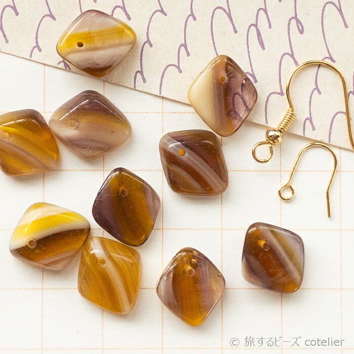 Rakuten - チェコビーズ 【5x14mm 8+4個 訳アリ】 パープルイエローストライプ 変形ひし形 ガラス ビーズ 手芸 輸入ビーズ 専門店 C1447