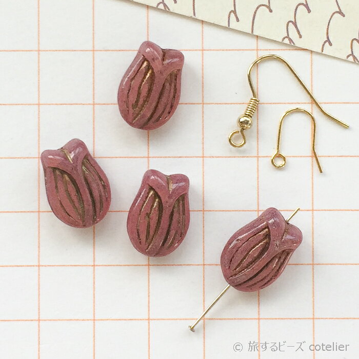 チェコビーズ 【16x11mm 4個】 くすみピンク チューリップ 花 フラワー ガラスビーズ 輸入ビーズ E246