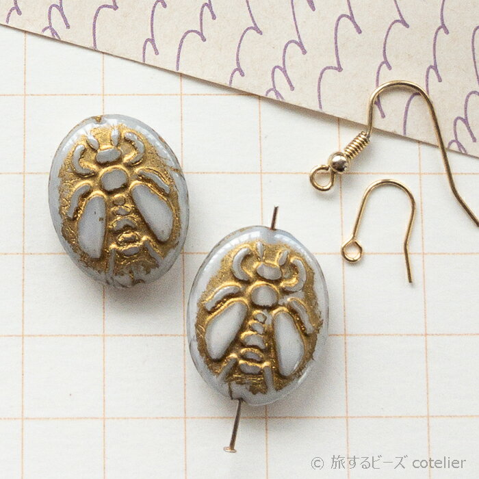 Glass Beads - チェコビーズ 【22x17mm 2個】 グレーゴールド バンブルビー ハナバチ ミツバチ 蜜蜂 虫 オーバル ガラス ビーズ 手芸 E280