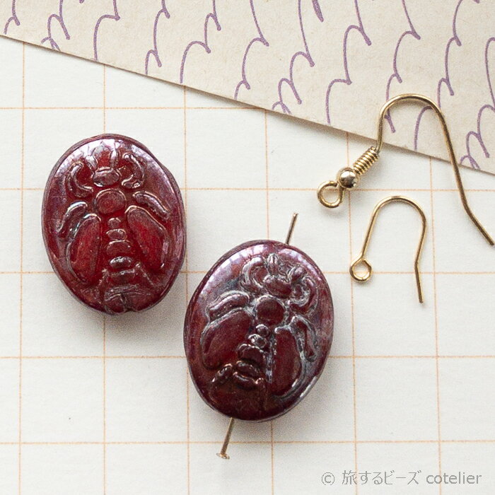 チェコビーズ 【22x17mm 2個】 レッドブロンズ バンブルビー ハナバチ ミツバチ 蜜蜂 虫 オーバル ガラス ビーズ 手芸 E283