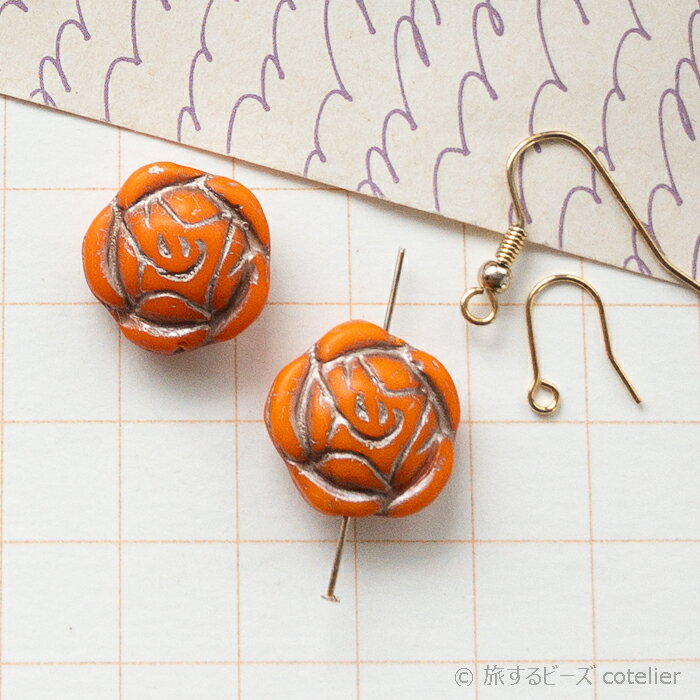 Glass Beads - チェコビーズ 【16mm 2個】 オレンジシルバー ローズ バラ フラワー 花 植物 ガラス ビーズ 手芸 E297