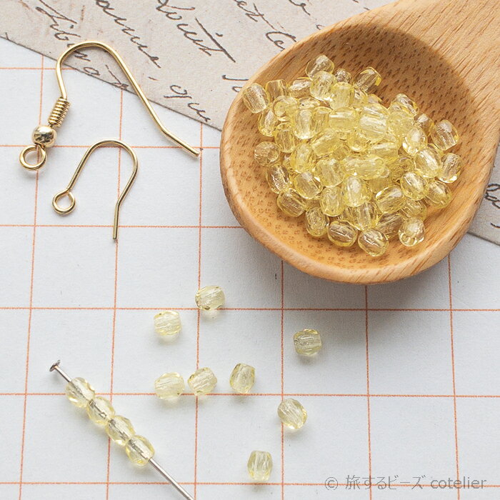 チェコビーズ 【3mm 50個】ライトイエロー ファイアポリッシュ ガラス ビーズ 輸入ビーズ FP3-037