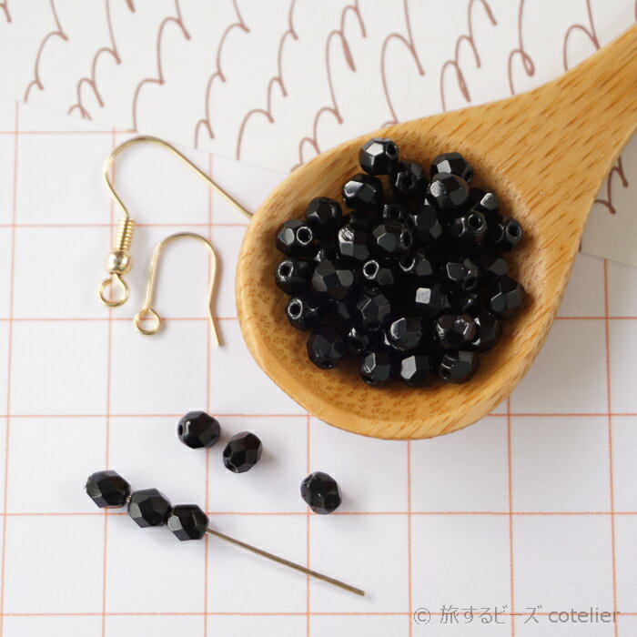 チェコビーズ 【4mm 50個】 ブラック ジェット ファイアポリッシュ ガラス ビーズ 輸入ビーズ FP4-026