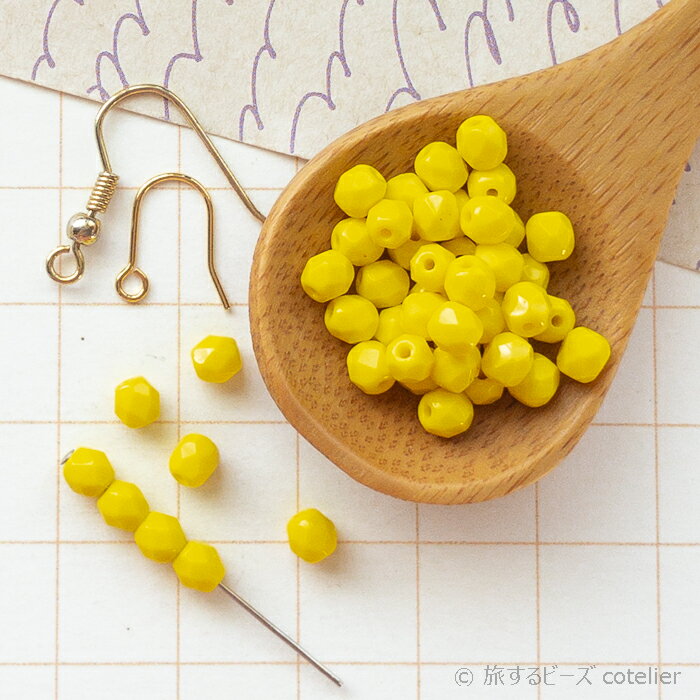 Glass Beads - チェコビーズ 【4mm 30個 】 オペークイエロー ファイアポリッシュ ガラス ビーズ 手芸 専門店 FP4-229