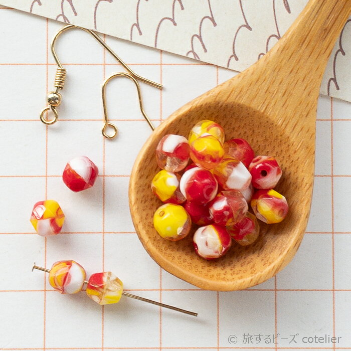 ファイアポリッシュ 【 6mm 18個 】 レッドイエロー チェコビーズ FP6-137 チェコガラスビーズ チェコ ..