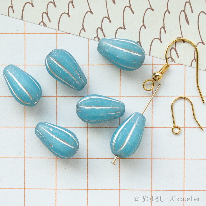 チェコビーズ 【15x8mm 4個】 マットブルー シルバー メロンドロップ しずく ガラス ビーズ 専門店 R052