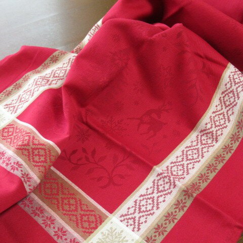 【フランス直輸入】撥水加工ジャガード織テーブルランナー　フォレブランシュ　赤/ベージュ