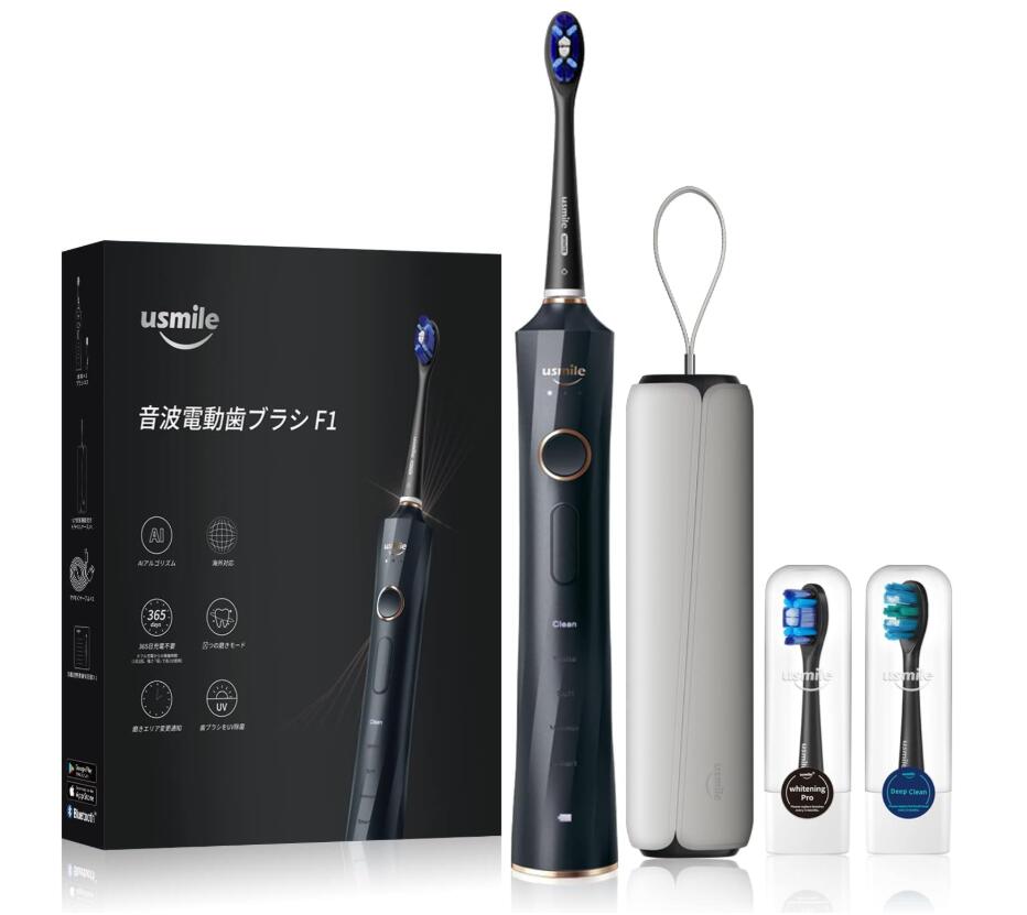 洗練されたデザインと機能性を兼ね備えた電動歯ブラシです。 音波電動歯ブラシ ●商品名： 音波電動歯ブラシ F1 ●シリーズ： usmile社　EF1ABLKJP ●カラー： ブラック ●機能： AIアルゴリズム、スマートセンサー、フル充電で約1年間、8モード、タイマー、UV除菌 ●付属品：本体＋付属ブラシ2本、除菌ポータブルケース、TYPE-Cケーブル、保証書x1 仕様1：充電方式：Type-C 仕様2：防水レベル：IPX8 ●JANコード：6970411753786? 【返品・交換について】 初期不良以外のお客様都合の返品・交換は一切お受けできません。洗練されたデザインと機能性を兼ね備えた電動歯ブラシです。 音波電動歯ブラシ ●商品名： 音波電動歯ブラシ F1 ●シリーズ： usmile社　EF1ABLKJP ●カラー： ブラック ●機能： AIアルゴリズム、スマートセンサー、フル充電で約1年間、8モード、タイマー、UV除菌 ●付属品：本体＋付属ブラシ2本、除菌ポータブルケース、TYPE-Cケーブル、保証書x1 仕様1：充電方式：Type-C 仕様2：防水レベル：IPX8 ●JANコード：6970411753786? 【返品・交換について】 初期不良以外のお客様都合の返品・交換は一切お受けできません。